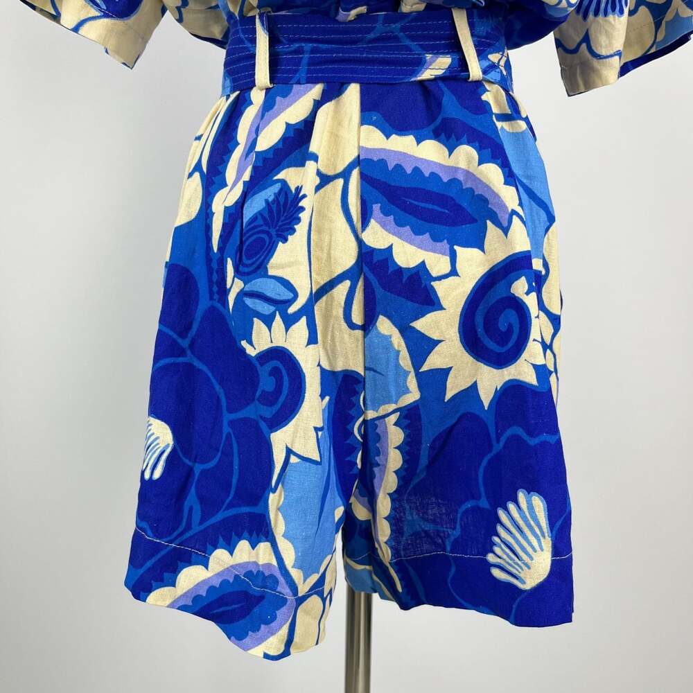NWOT Farm Rio Linen-Blend Tropical Groove Belted Romper Blue Floral Size S - Picture 7 of 12